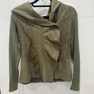 Free People Green Cowl Neck Sweater with Architectural Design